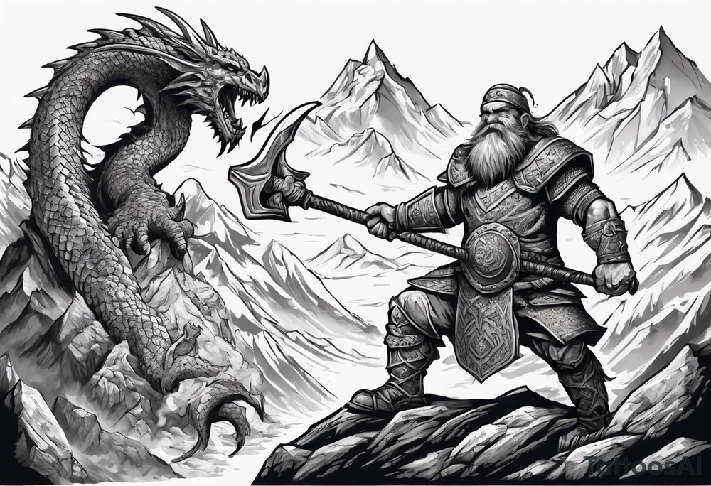 dwarven warrior with a war axe fighting against a dragon in the mountains as the sun is rising tattoo idea