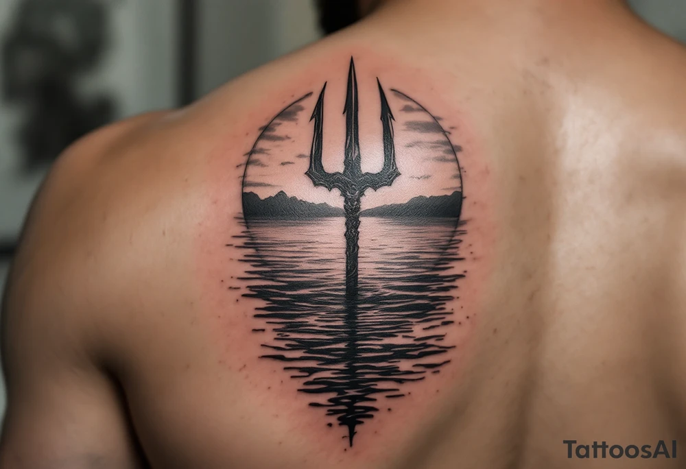 trident with Poseidon half way under calm water at sunset tattoo idea