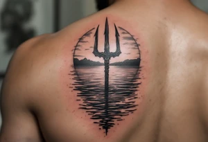 trident with Poseidon half way under calm water at sunset tattoo idea