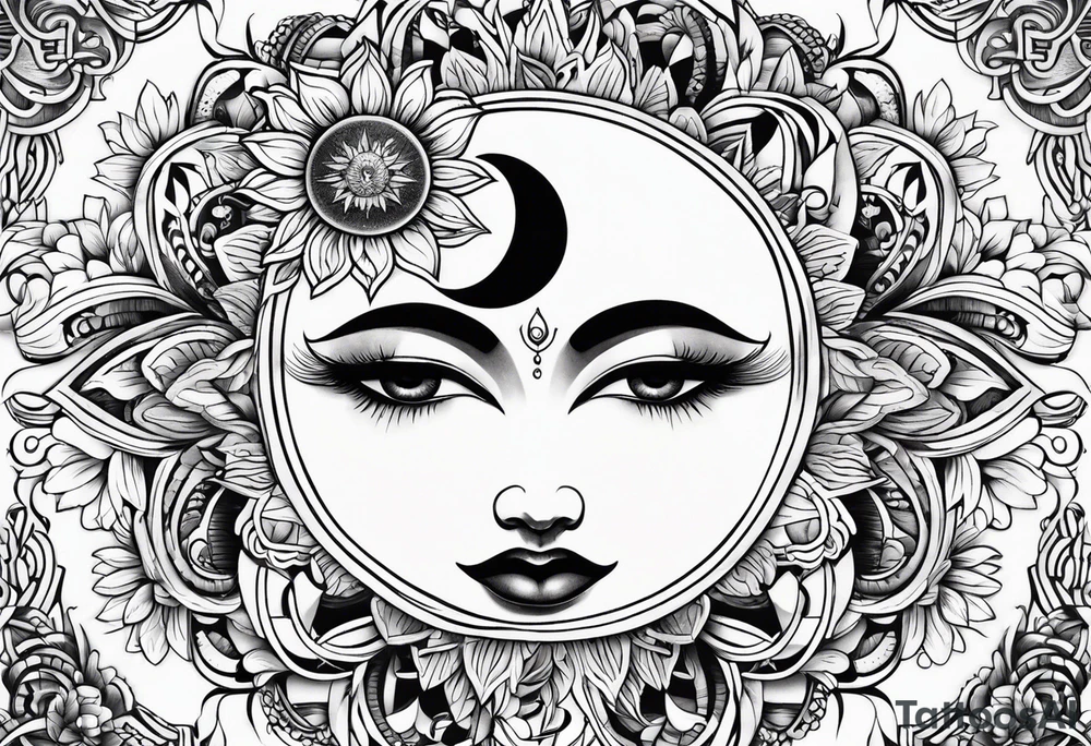 sun moon floral tattoo idea