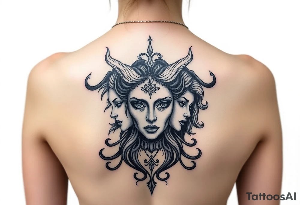 Half hades face and half persephone face middle pf the chest going all the way to both shoulders with background related tattoo idea