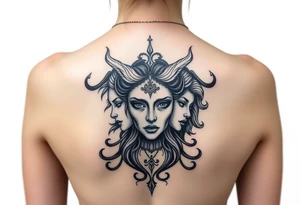 Half hades face and half persephone face middle pf the chest going all the way to both shoulders with background related tattoo idea