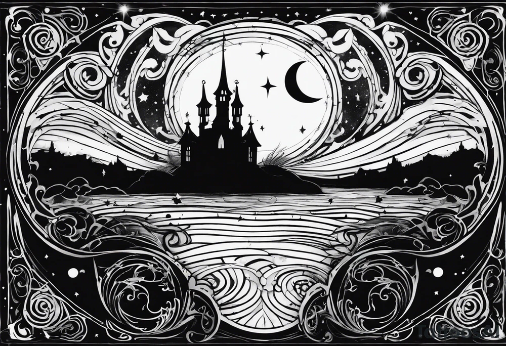 Shoulder piece. Black in the middle with swirly lines around. Witchy, gothic, Starry Night esque but more black and more creepy, romantic goth vibes tattoo idea