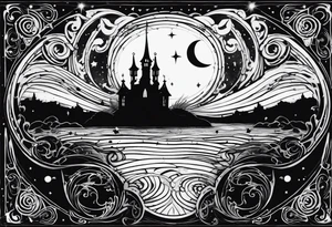 Shoulder piece. Black in the middle with swirly lines around. Witchy, gothic, Starry Night esque but more black and more creepy, romantic goth vibes tattoo idea