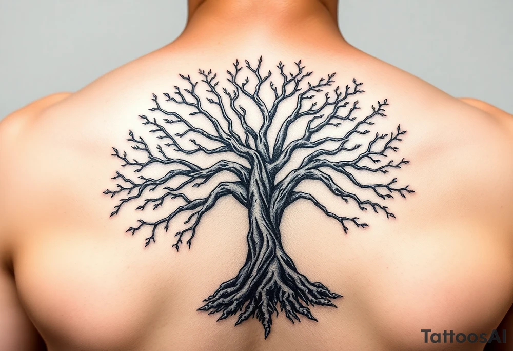 mystical tree of life with cosmic roots and celestial branches tattoo idea