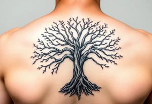 mystical tree of life with cosmic roots and celestial branches tattoo idea
