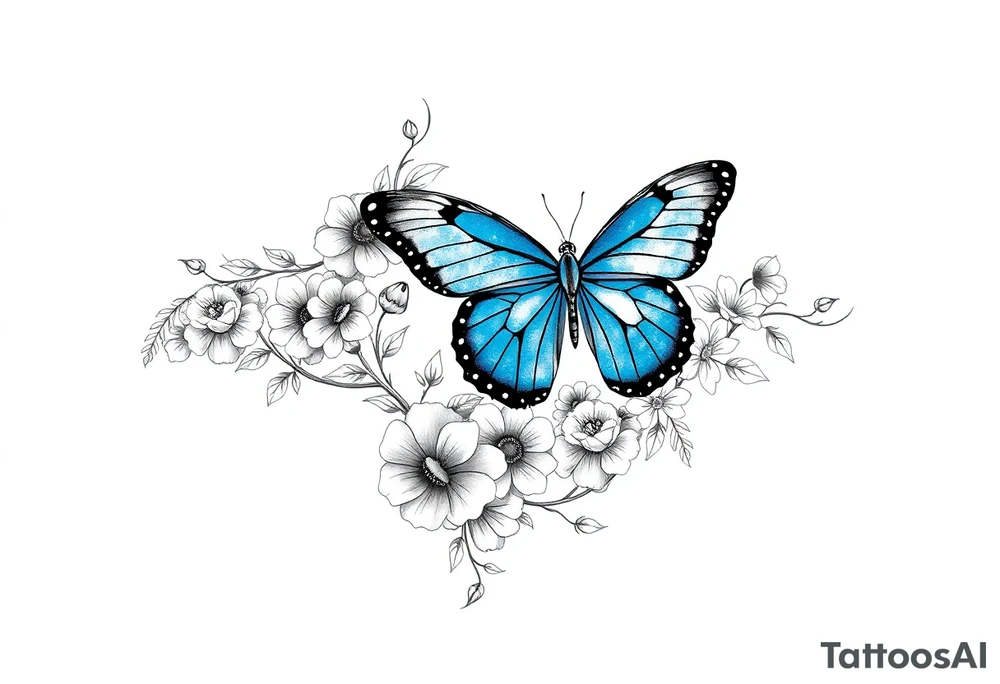Sleeve/ floral with vines roses and daises large bright blue monarch in center of forearm with floral extending from wrist to mid bicep children’s names written with vines “ amber, Zachary, Justin, Harper, Vivian “ ARM SLEEVE tattoo idea