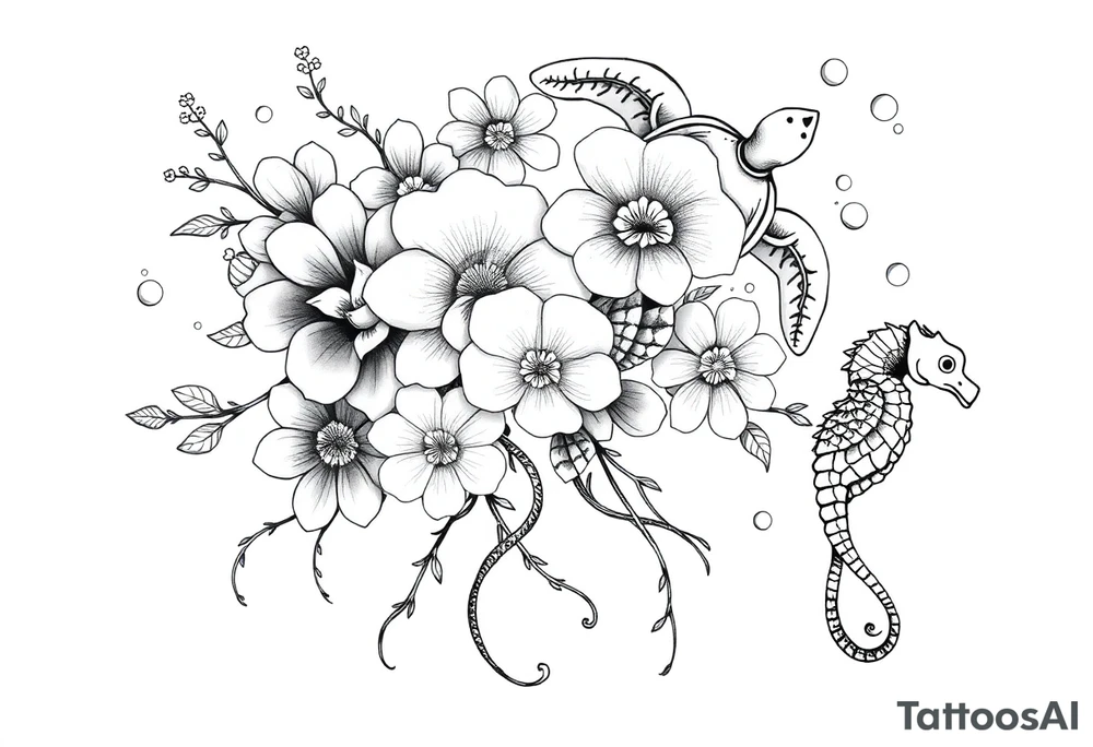 Underwater Flowers, shells, turtle, seahorse,  bubbles, jellyfish, feminine tattoo idea