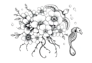 Underwater Flowers, shells, turtle, seahorse,  bubbles, jellyfish, feminine tattoo idea