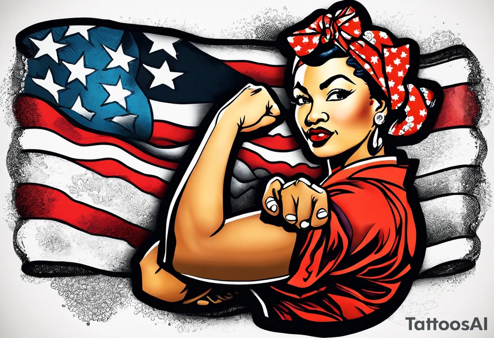 Beautiful black Rosie the riveter, making a muscle, realistic, wearing a bandanna, tied backwards, tattoo idea