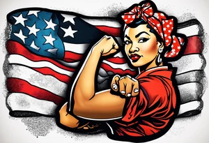 Beautiful black Rosie the riveter, making a muscle, realistic, wearing a bandanna, tied backwards, tattoo idea