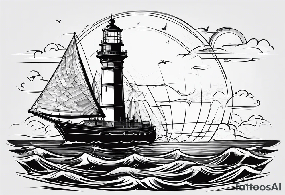 phare maritime dans un bateau a voiles vu du devant. tattoo idea