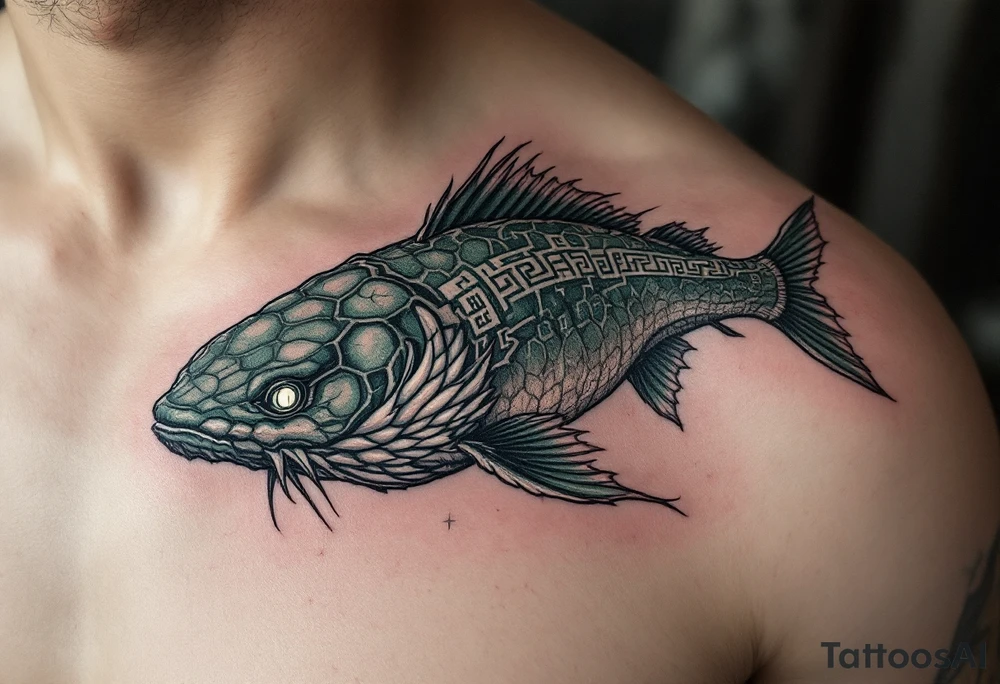 Ancient River Guardian – A massive, mythical catfish with dark jade-green scales, weathered stone-like skin, and glowing white eyes, surrounded by ancient river symbols and rune-like markings. tattoo idea