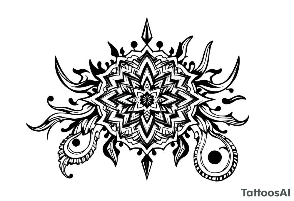 long shaman style mytical bold line with rhyme tattoo idea