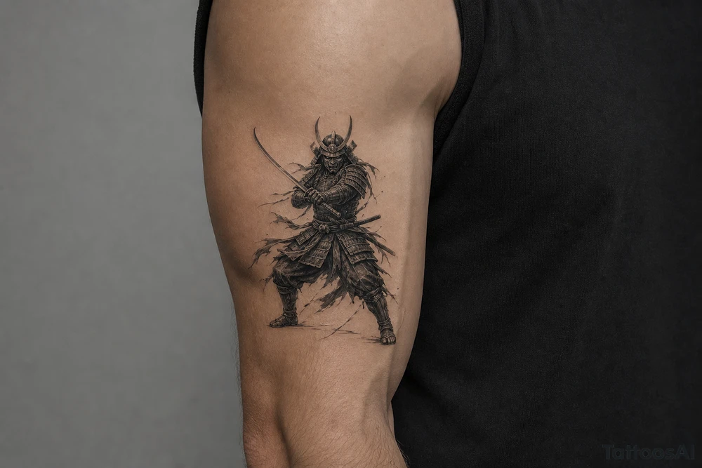 Full body samurai warrior in black and grey, mask prominent, dynamic battle pose, muted tones. tattoo idea