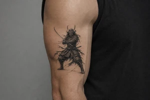 Full body samurai warrior in black and grey, mask prominent, dynamic battle pose, muted tones. tattoo idea