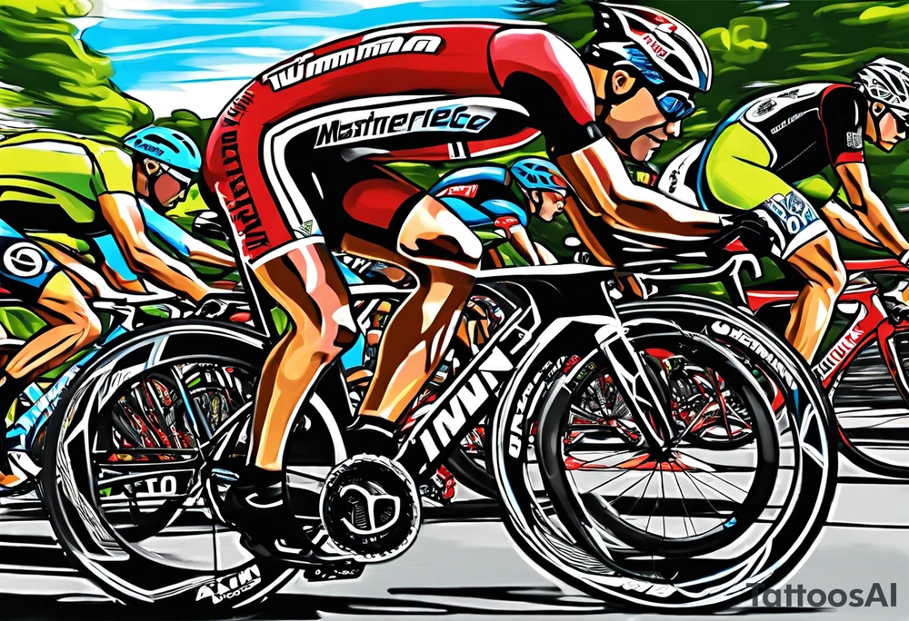 Ironman Triathlon 70.2 in Wilmington North Carolina. Featuring the three Disciplines of a triathlon swimming, cycling and running. Also including the Ironman M-DOT Logo and the Number 70.2 in a North Carolina Landscape tattoo idea