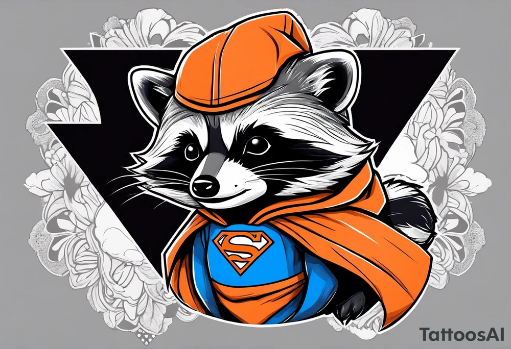 Raccoon wearing an orange Superman hoodie tattoo idea