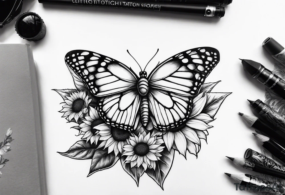 Butterfly, sunflower, camera, book, flower rose tattoo idea Butterfly, sunflower, camera, book, flower rose tattoo idea