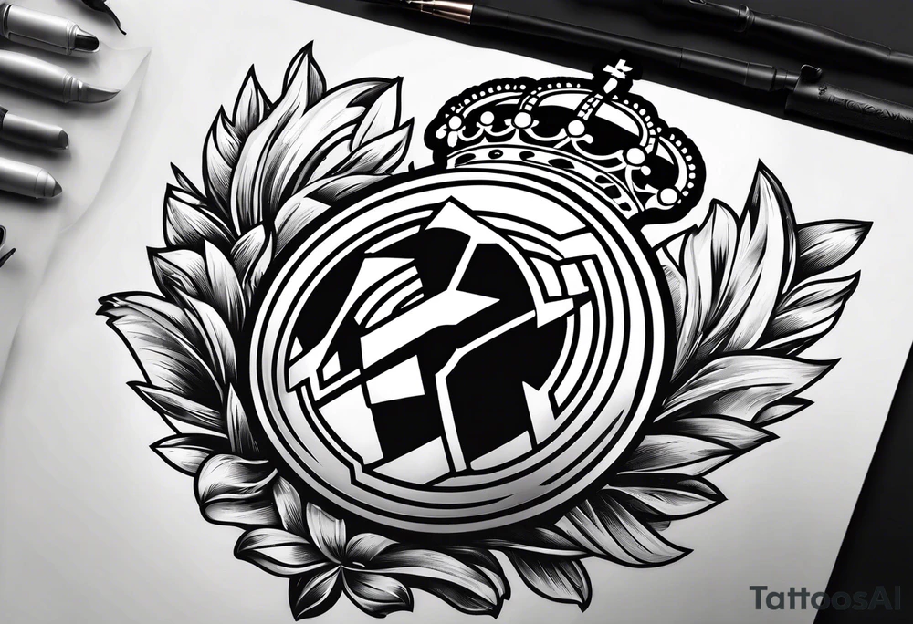 Half sleeve of a champions league ballon shoulder & Real Madrid crest on side of bicep & champions league trophy on tricep tattoo idea