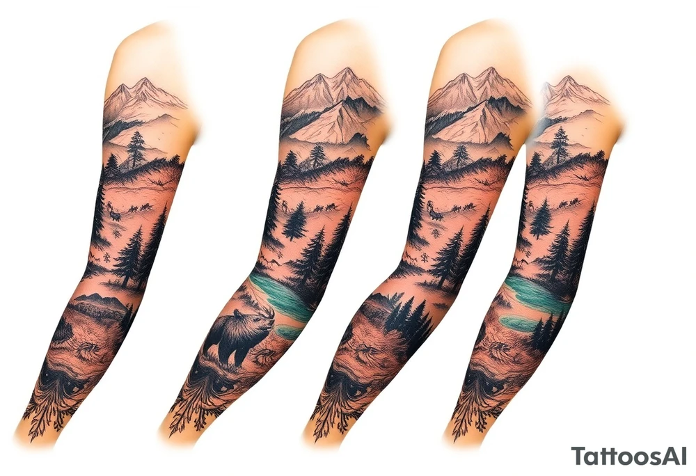 A full-sleeve with the Härjedalen landscape, reindeer, bear, lakes tattoo idea