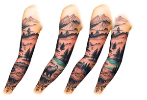 A full-sleeve with the Härjedalen landscape, reindeer, bear, lakes tattoo idea