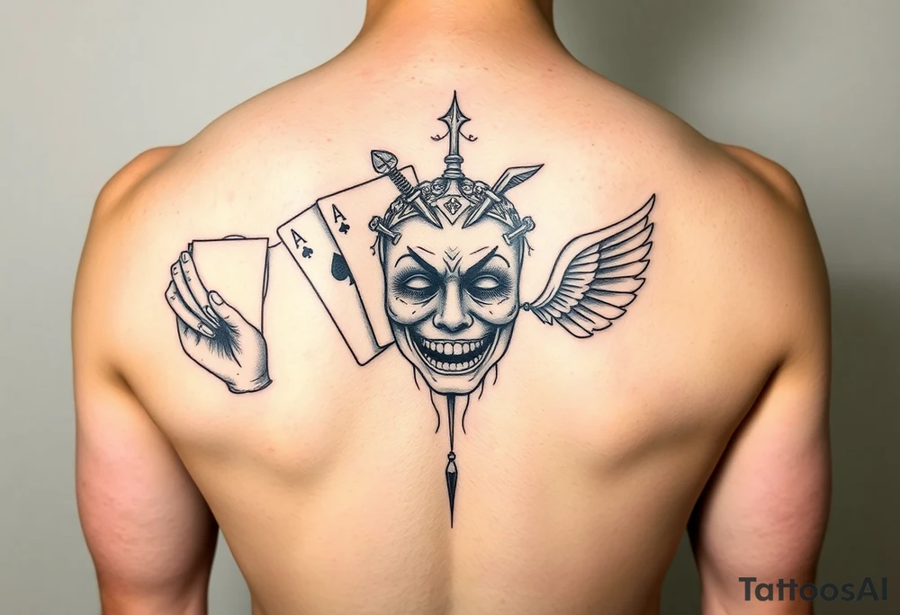 5 card hand,  Gemini twins, and a happy mask getting pulled off tattoo idea