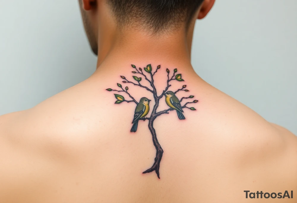 A delicate tree with two birds perched on its branches, symbolizing family growth. (Color: Earthy greens and browns with soft pastel birds) tattoo idea