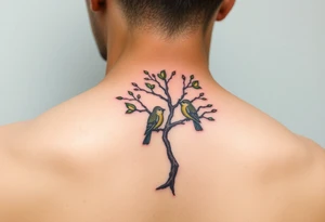 A delicate tree with two birds perched on its branches, symbolizing family growth. (Color: Earthy greens and browns with soft pastel birds) tattoo idea