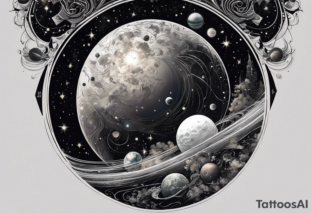 A tattoo featuring a cosmic scene with planets, black holes, and supernovae intertwined with intricate linguistic symbols, reflecting the client's interests in cosmology and linguistics. tattoo idea