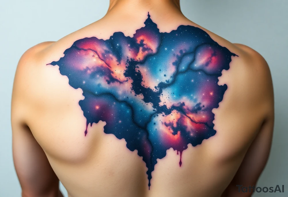 Beautiful and epic 3d milky way that appears to be what is beneath the skin. Make it drape over the shoulder and move to the middle back. use negative spaces to create stars and dust. Incorporate God breathing life into the universe. Keep it symmetrical tattoo idea