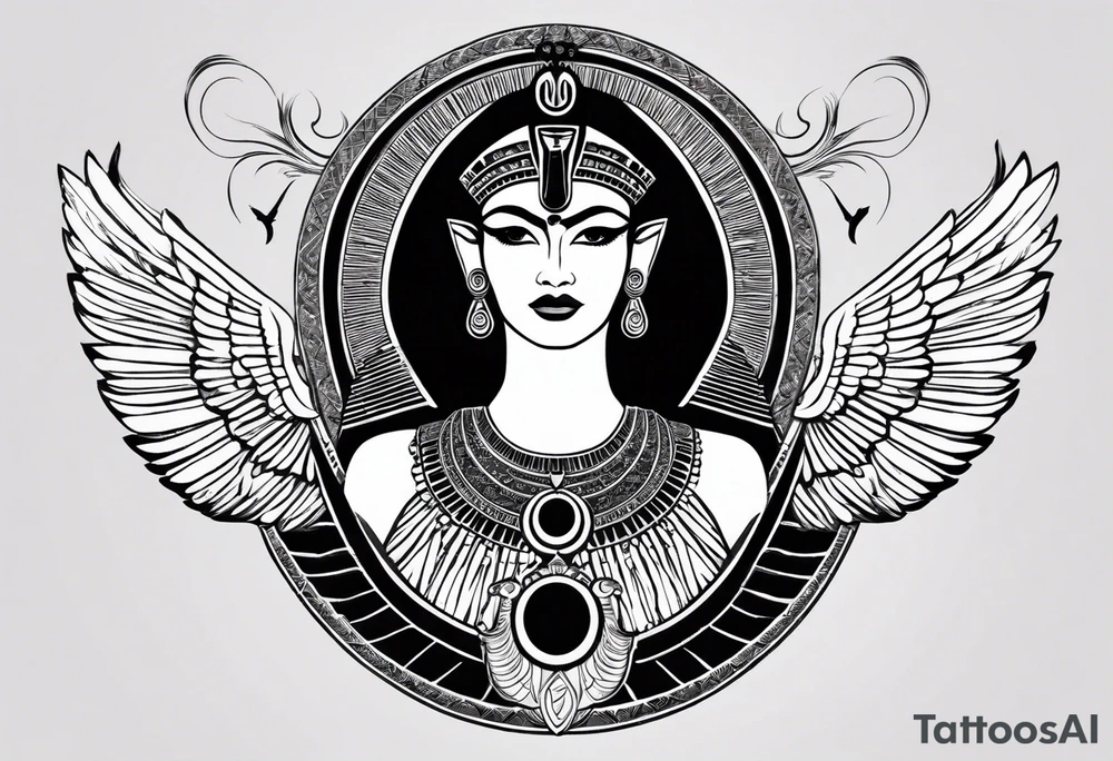 blank and white Egyptian goddess Isis, who is often depicted as a woman with outstretched wings, holding an ankh (a symbol of life) in one hand and a lotus flower in the other. Her headdress often includes a throne or a solar disk. The tattoo design can vary in style and size, but it typically aims to capture the essence of this revered Egyptian deity, emphasizing her beauty, power, and maternal qualities. The choice of colors and additional elements can also be customized to create a unique and visually striking representation of the goddess Isis tattoo idea