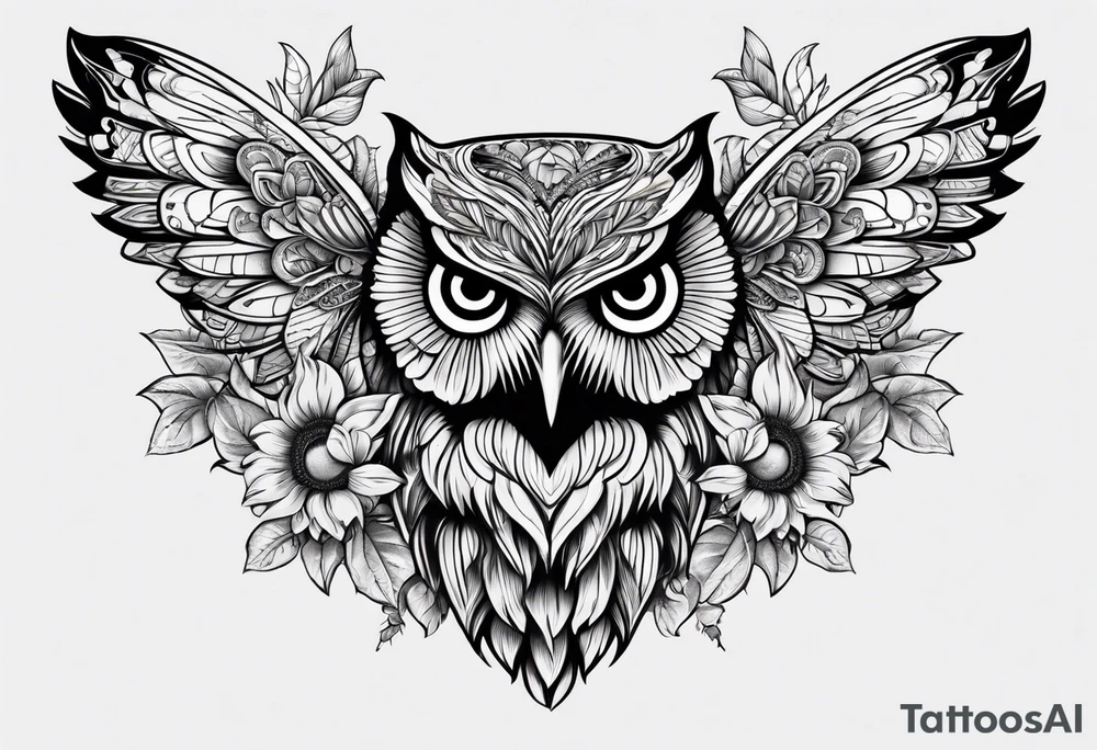 Owl with butterfly body surrounded by sunflowers tattoo idea