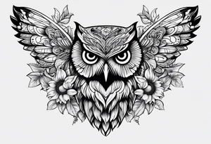 Owl with butterfly body surrounded by sunflowers tattoo idea