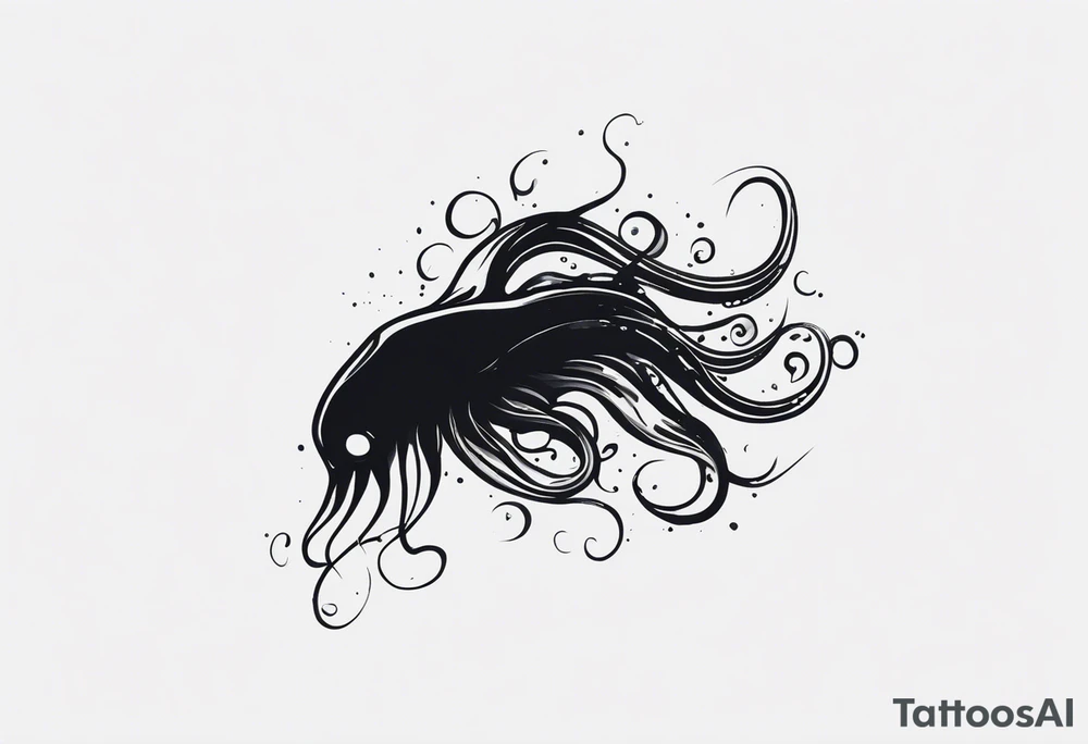 A visual representation of the horror squid concept, showing the squid becoming invisible in ink, its body turning black to blend in with its deep sea environment. The overall environment is dark, creating an eerie underwater atmosphere. tattoo idea