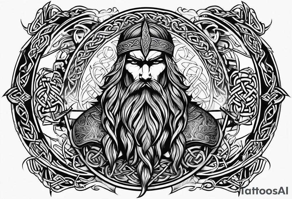 Side profile wide shot of Celtic warrior weapons unsheathed tattoo idea
