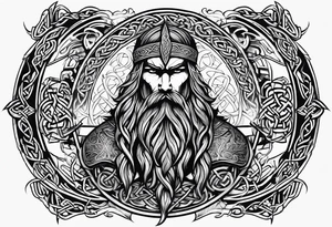 Side profile wide shot of Celtic warrior weapons unsheathed tattoo idea