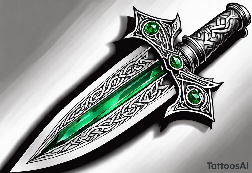 A Celtic athame dagger with the hilt turned upward and an emerald gemstone on the hilt not on the blade tattoo idea