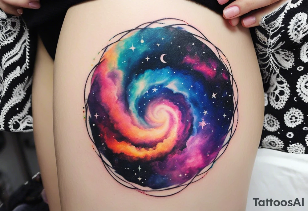 I want a spiral nebula space galaxy tattoo that's colorful and bright and cute and is nice to look at I don't want a traditional circle I want it like the ones thay look like an s shape and this tattoo will be on my left buttcheek and light colors I want more spread and less circle tattoo idea