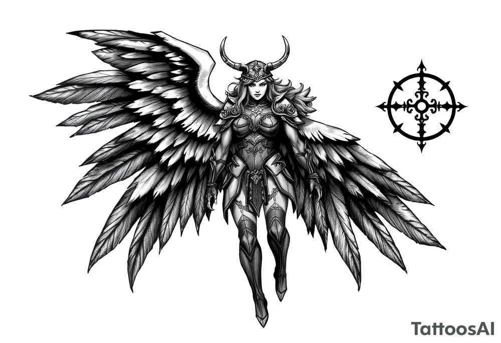 A fierce looking Valkyrie with very big dark wings. The whole body with legs should be visible.
She has armor.

In the background there is a viking shield on the left side and a vegvisir symbol on the right tattoo idea