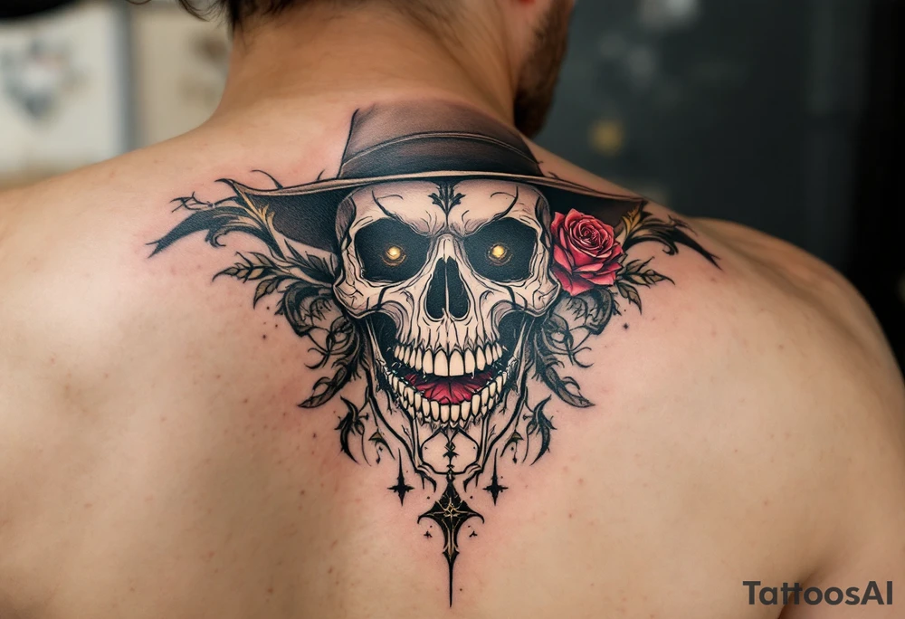 Full skeleton cowboy with rose in teeth tattoo idea