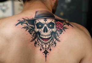 Full skeleton cowboy with rose in teeth tattoo idea