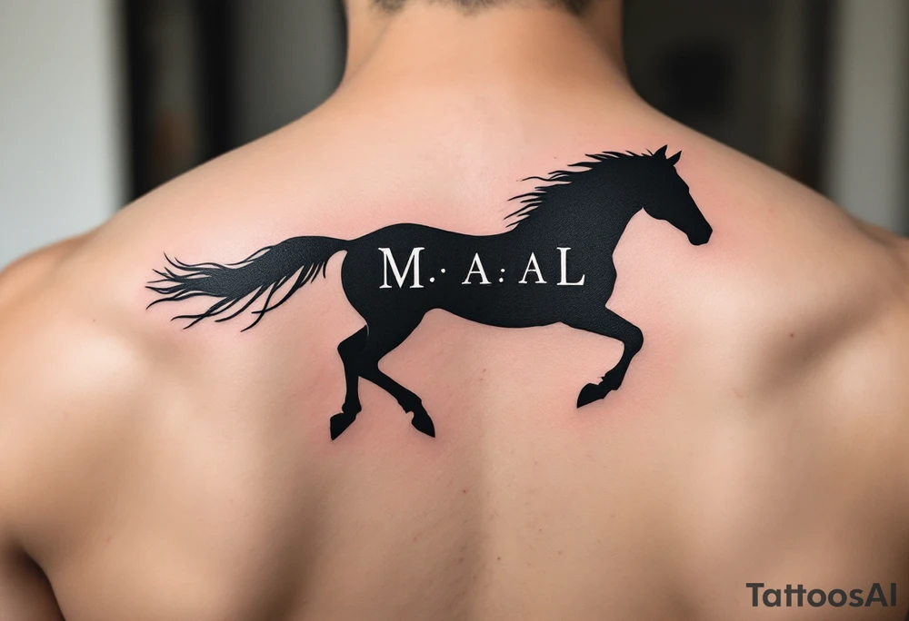 horse silhouette 
from the front which gallops from the front, with the 3 small letters discreetly integrated: M, A, L tattoo idea
