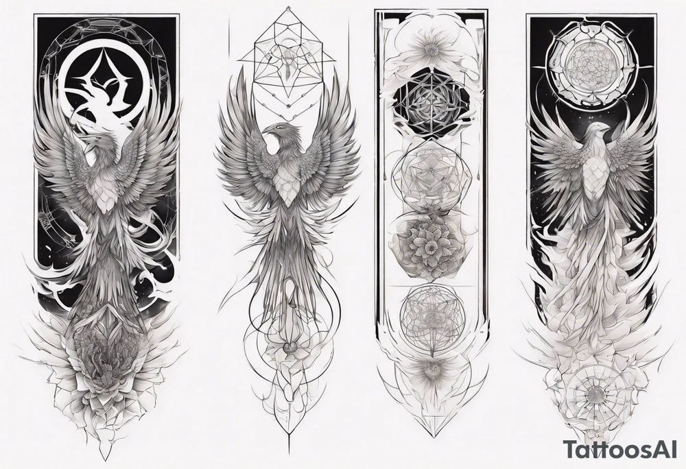 Sleeve for woman's arm phoenix sacred geometry with Metatron's cube tattoo idea