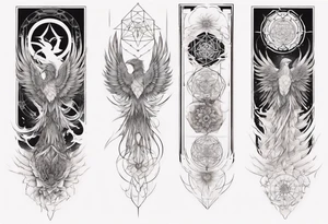 Sleeve for woman's arm phoenix sacred geometry with Metatron's cube tattoo idea