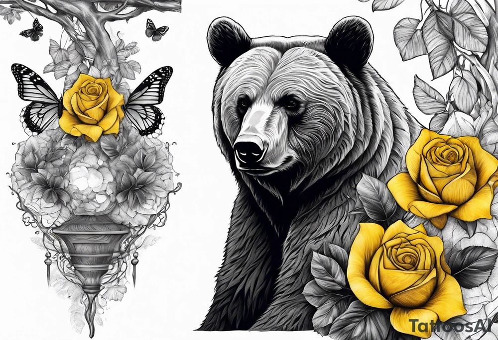 A bear sitting under the tree of life with three yellow roses, and three butterflies tattoo idea