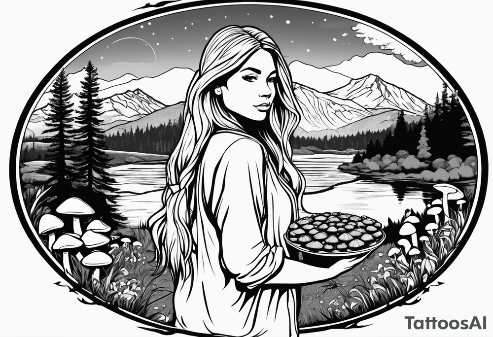 Whole picture encircled fully

Straight long blonde hair hippie girl in distance holding mushrooms in hand facing away toward mountains and creek surrounded by mushrooms long sleeve shirt and hiking pants; whole rendering within a full circle, no cut off circle tattoo idea