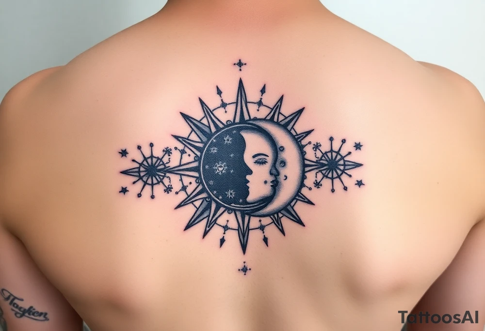 celestial sun and moon embrace with constellation patterns tattoo idea