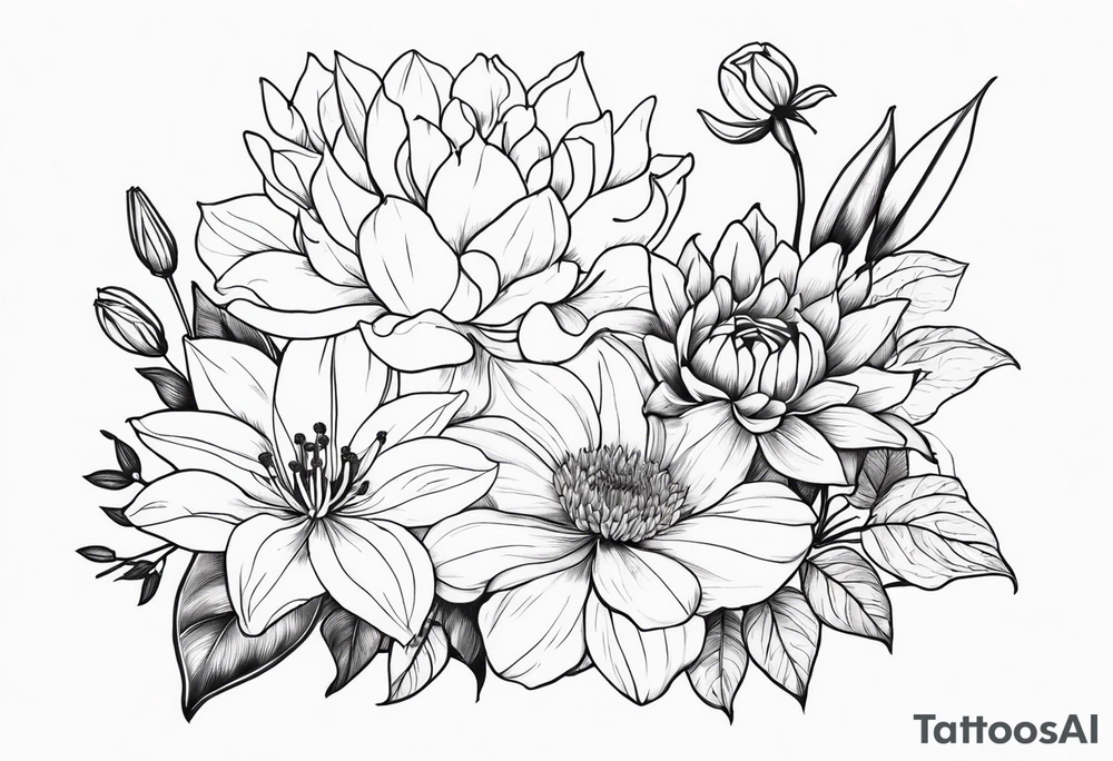 Lillies, roses, morning glories, chrysanthemums tattoo idea