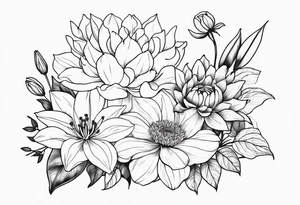 Lillies, roses, morning glories, chrysanthemums tattoo idea
